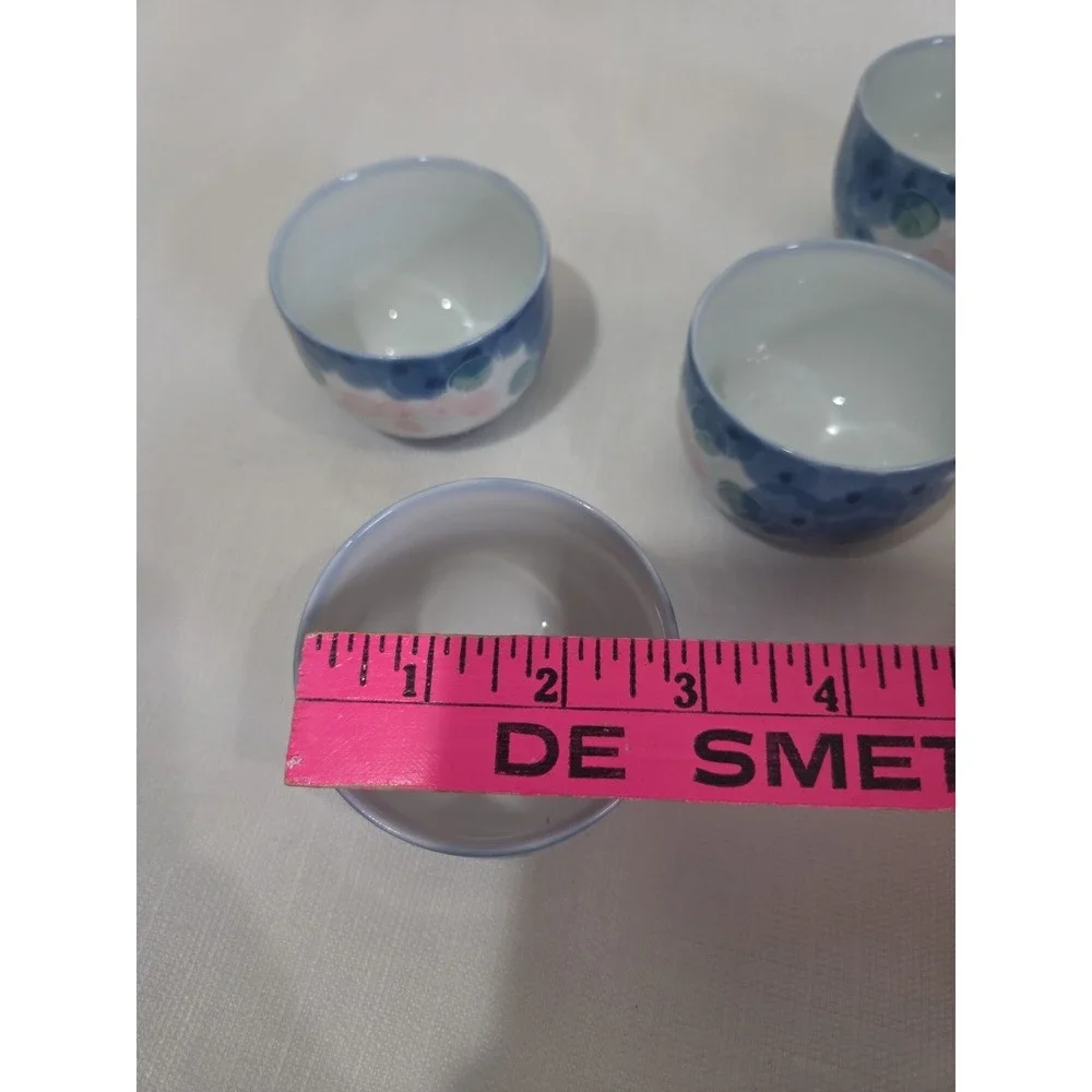 Vintage JAPAN Hand Painted Oriental Flower Textured Design Tea Cup 4 Blue Pink